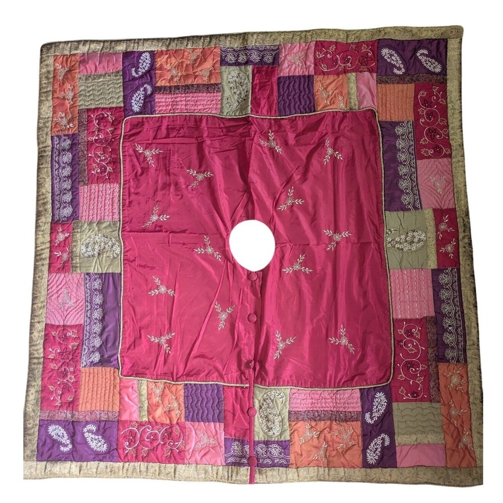 The Company Store Pink Purple Patchwork Embroidered Quilted Christmas Tree Skirt